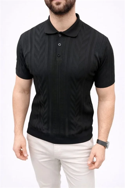 Erkek Yazlık Triko Tişört Kısa Kol Polo Yaka Düğmeli T-Shirt - Siyah