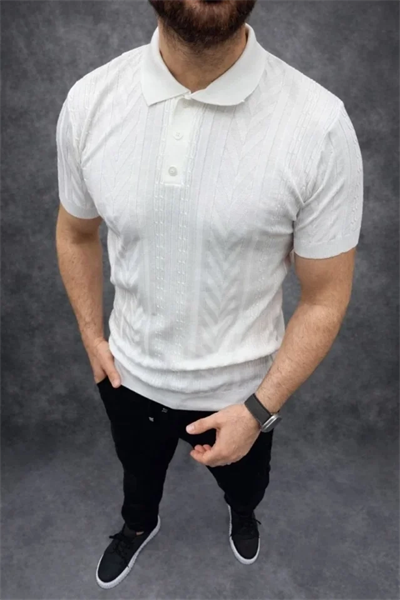 Erkek Yazlık Triko Tişört Kısa Kol Polo Yaka Düğmeli T-Shirt - Beyaz