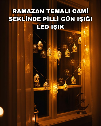 Ev Dekoru İçin Ramazan LED Işık Pilli Sıcak Sarı Cami Figürlü