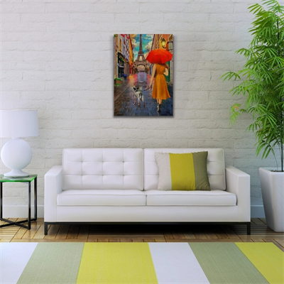 Eyfel Kulesi önünde Kırmızı Şemsiyeli Kadın Yağlıboya Kanvas Tablo 50 x 70