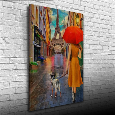 Eyfel Kulesi önünde Kırmızı Şemsiyeli Kadın Yağlıboya Kanvas Tablo 50 x 70