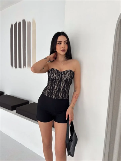Fermuarlı Dantel Korse Straplez Bustiyer Transparan Şık Top - Bej