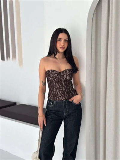 Fermuarlı Dantel Korse Straplez Bustiyer Transparan Şık Top - Kahverengi