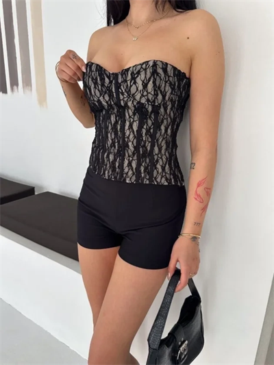 Fermuarlı Dantel Korse Straplez Bustiyer Transparan Şık Top - Bej