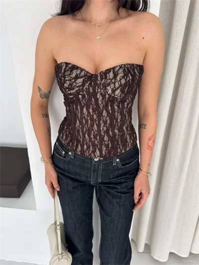Fermuarlı Dantel Korse Straplez Bustiyer Transparan Şık Top - Kahverengi