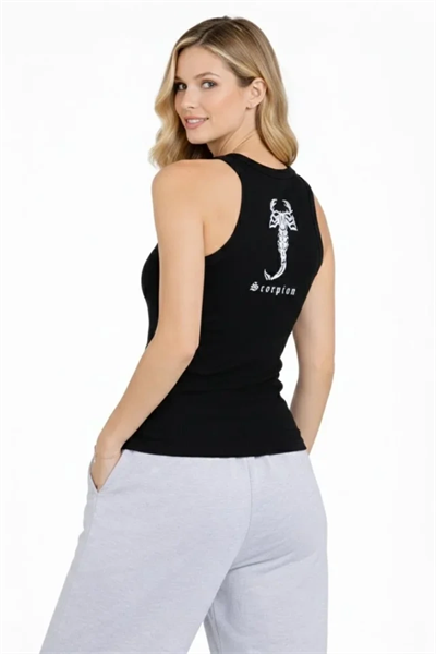 Fitilli Atlet Sıfır Yaka Slim Fit Arka Baskılı Spor Atlet - Siyah