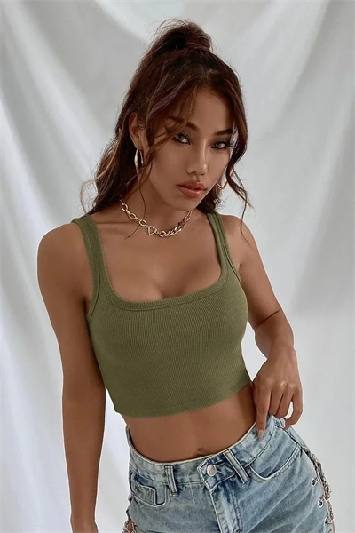 Fitilli Kalın Askılı Pamuklu Örme Crop Bej