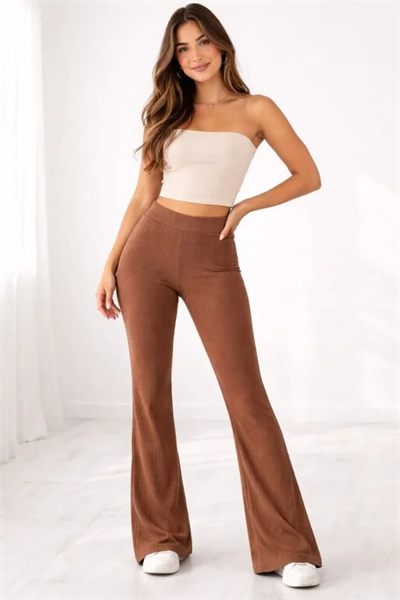 Fitilli Kaşkorse İspanyol Paça Tayt Yüksek Bel Esnek Günlük Rahat Pantolon - Kahverengi