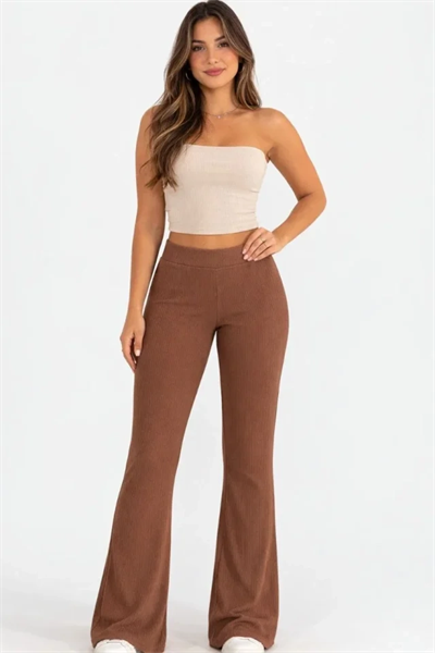 Fitilli Kaşkorse İspanyol Paça Tayt Yüksek Bel Esnek Günlük Rahat Pantolon - Kahverengi