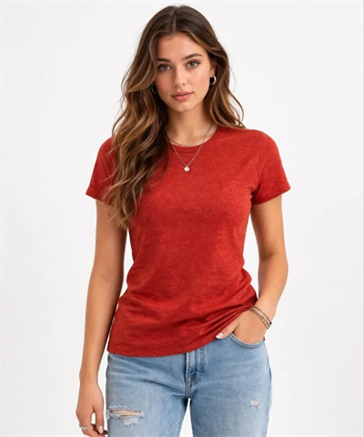 Flam Kumaş Melanj Dokulu Regular Fit Tişört Bisiklet Yaka Yazlık T-Shirt - Kiremit