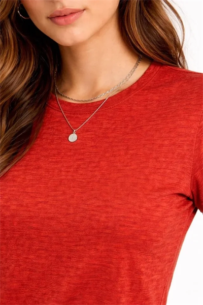 Flam Kumaş Melanj Dokulu Regular Fit Tişört Bisiklet Yaka Yazlık T-Shirt - Kiremit