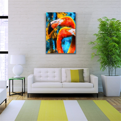 Flamingo, Turuncu ve Mavi Tonlarda Suluboya Tekniğinde Kanvas Tablo 50 x 70