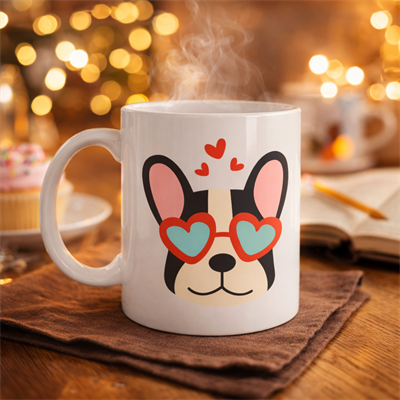 French Bulldog Desenli Kalpli Gözlüklü Porselen Kupa Model 50 – Sevimli Köpek Tasarımlı Kahve Kupası