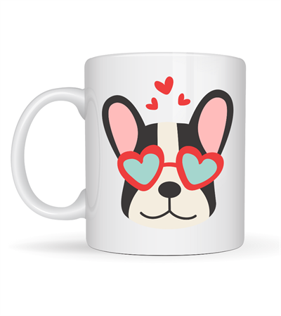 French Bulldog Desenli Kalpli Gözlüklü Porselen Kupa Model 50 – Sevimli Köpek Tasarımlı Kahve Kupası