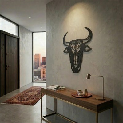 Geometrik Boğa Duvar Tablosu MDF Lazer Kesim Modern Duvar Süsü Minimal Boğa Figürlü Dekor