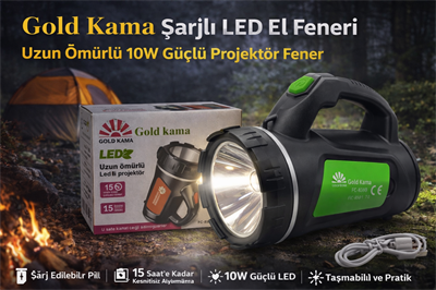 Gold Kama LED Şarjlı El Feneri FC-838B 10W Uzun Ömürlü Taşınabilir Projektör Fener