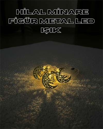 Gold Renk Metal Minareli Hilal LED Işık Pilli Ramazan Süsü