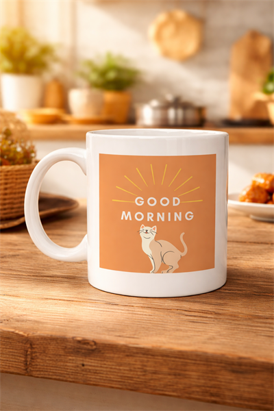 Good Morning Kedi Desenli Porselen Kupa MODEL 72 – Sevimli Kedi Figürlü, Kahve & Çay Kupası, Hediyelik Porselen Bardak