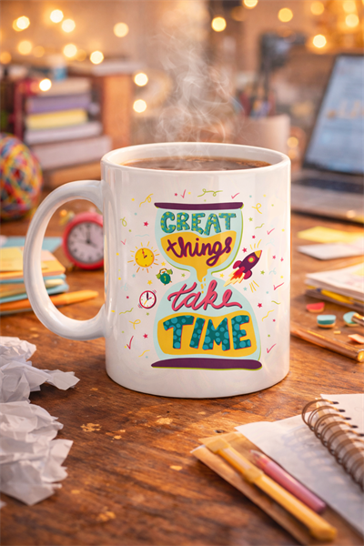 Great Things Take Time Porselen Kupa MODEL 130 – Motivasyon Mesajlı Renkli Kupa, İlham Veren Kahve & Çay Kupası
