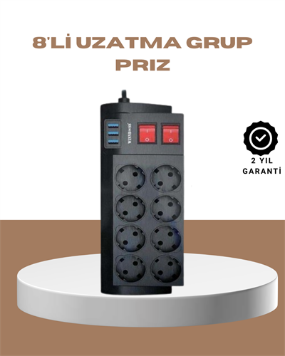 Güçlü Termal Korumalı 8 Priz + 3 USB Çoklu Uzatma Kablosu 2m