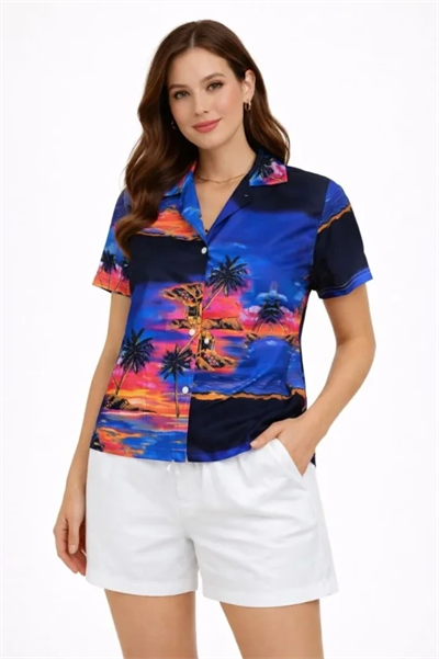 Gün Batımı Tropikal Desenli Kısa Kol Gömlek Şort Takım Yazlık Rahat Kalıp - Desenli