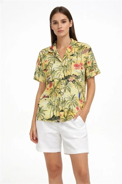 Gün Batımı Tropikal Desenli Kısa Kol Gömlek Şort Takım Yazlık Rahat Kalıp - Desenli