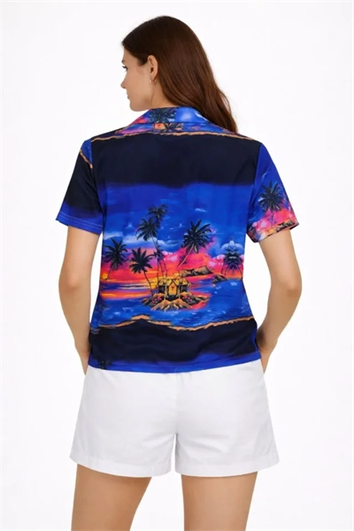 Gün Batımı Tropikal Desenli Kısa Kol Gömlek Şort Takım Yazlık Rahat Kalıp - Desenli