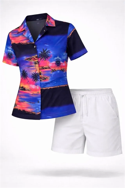 Gün Batımı Tropikal Desenli Kısa Kol Gömlek Şort Takım Yazlık Rahat Kalıp - Desenli