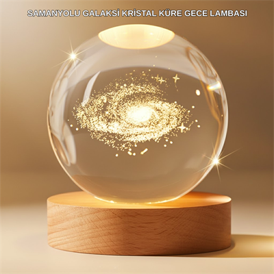 Gün Işığı LED’li 3D Kristal Galaksi Küre Ahşap Tabanlı Dekoratif Lamba