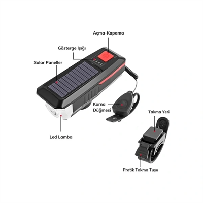 Güneş Enerjili Bisiklet Işıklı Korna