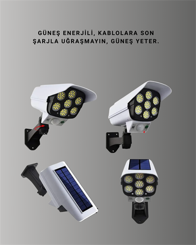Güneş Enerjili LED Lamba + Güvenlik Kamerası Görünümlü– 5-8 m Hareket Algılamalı, Beyaz Işık