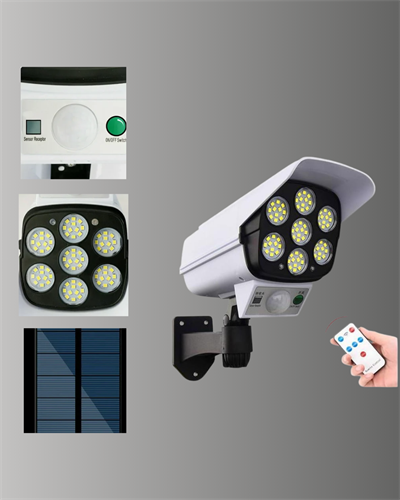 Güneş Enerjili LED Lamba + Güvenlik Kamerası Görünümlü– 5-8 m Hareket Algılamalı, Beyaz Işık