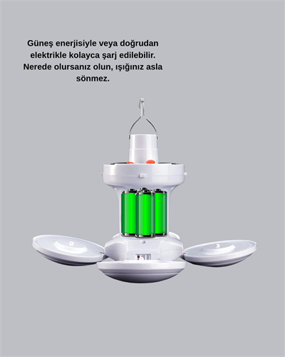 Güneş Enerjili ve USB Şarjlı LED Kamp Lambası – 5 Farklı Işık Modlu, Askılı Tasarım