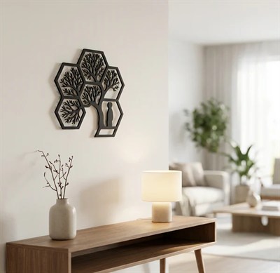 Hayat Ağacı Duvar Tablosu MDF Lazer Kesim Altıgen Geometrik Modern Duvar Süsü