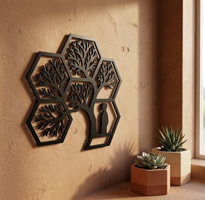 Hayat Ağacı Duvar Tablosu MDF Lazer Kesim Altıgen Geometrik Modern Duvar Süsü