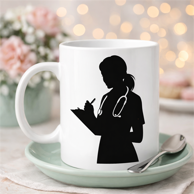 Hemşire Temalı Porselen Kupa MODEL 172– Stetoskoplu Kadın Sağlık Çalışanı Tasarımlı Kahve Kupası – Hemşirelere Özel Hediye Fincanı