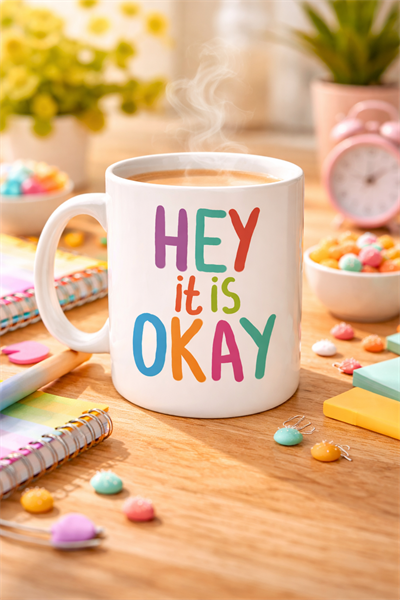 Hey It Is Okay Motivasyon Kupası MODEL 137 – Renkli Tasarım Porselen Kupa – Moral Veren, Pozitif Mesajlı Kahve & Çay Kupası
