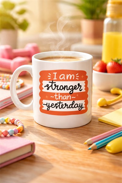 I Am Stronger Than Yesterday Motivasyon Kupası MODEL 136 – İlham Veren Tasarım, Porselen Kahve & Çay Kupası – Günlük Motivasyon Hediyesi