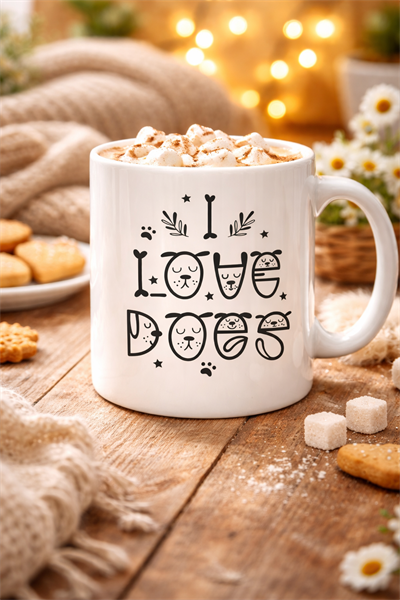 I Love Dogs Tasarımlı Porselen Kupa MODEL 64 – Sevimli Köpek Figürlü, Kahve & Çay Kupası