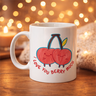 I Love You Berry Much Tasarımlı Kupa Model 12 Sevimli Kiraz Desenli Porselen Kahve Kupası - Hediye Fincanı