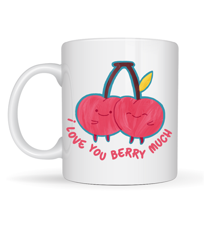 I Love You Berry Much Tasarımlı Kupa Model 12 Sevimli Kiraz Desenli Porselen Kahve Kupası - Hediye Fincanı
