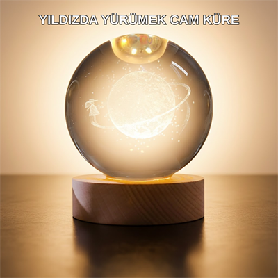 Işıklı Sarı Cam Küre ve Kız Figürü Ahşap Standlı Dekoratif Lamba