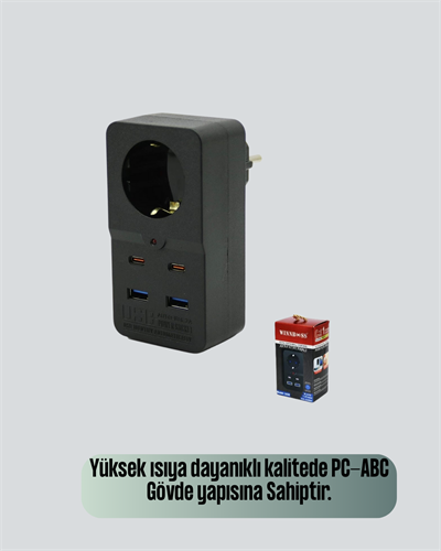 Isıya Dayanıklı PC Gövdeli Akım Korumalı Priz 4 USB