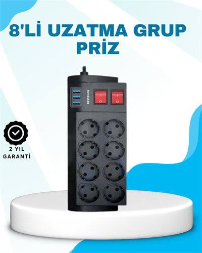 Isıya Dayanıklı Termal Akım Korumalı 8li Priz ve 3 USB Girişli Uzatma Kablosu