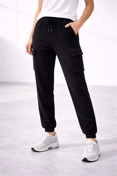 Jogger Eşofman Altı Rahat Kalıp, Kargo Cepli, Lastikli Paça, Günlük Spor Pantolon - Siyah
