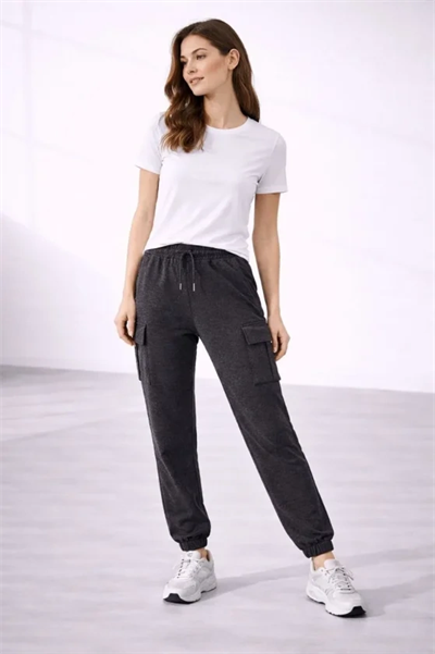 Jogger Eşofman Altı Rahat Kalıp, Kargo Cepli, Lastikli Paça, Günlük Spor Pantolon - Füme