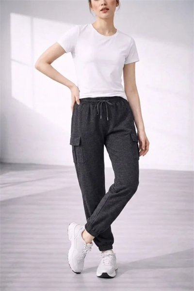 Jogger Eşofman Altı Rahat Kalıp, Kargo Cepli, Lastikli Paça, Günlük Spor Pantolon - Füme