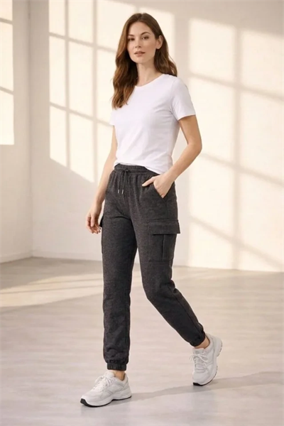 Jogger Eşofman Altı Rahat Kalıp, Kargo Cepli, Lastikli Paça, Günlük Spor Pantolon - Füme