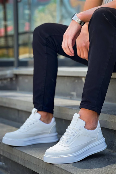 KB-006 Kuback Beyaz Cilt  Yüksek Taban Bağcıklı Günlük Erkek Ayakkabı