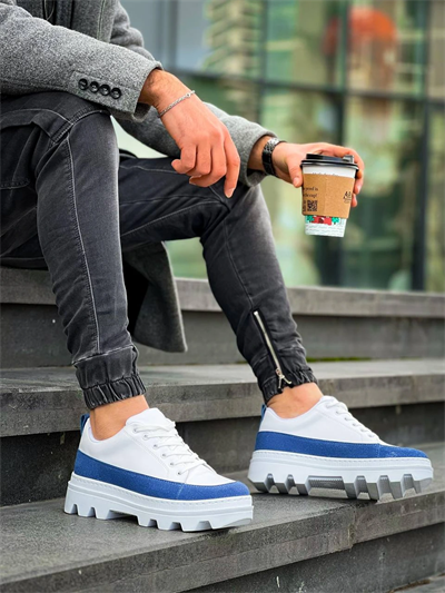 KB-056 Kuback Beyaz Mavi Detaylı Beyaz Yüksek Taban Günlük Spor Ayakkabı